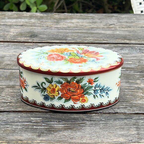 Vintage Daher Biscuit Cracker TIN Lidded Decorative Oval Floral Flowers England - Picture 1 of 14